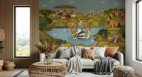 Detailed Indian miniature art mural with storytelling scenes and nature elements
