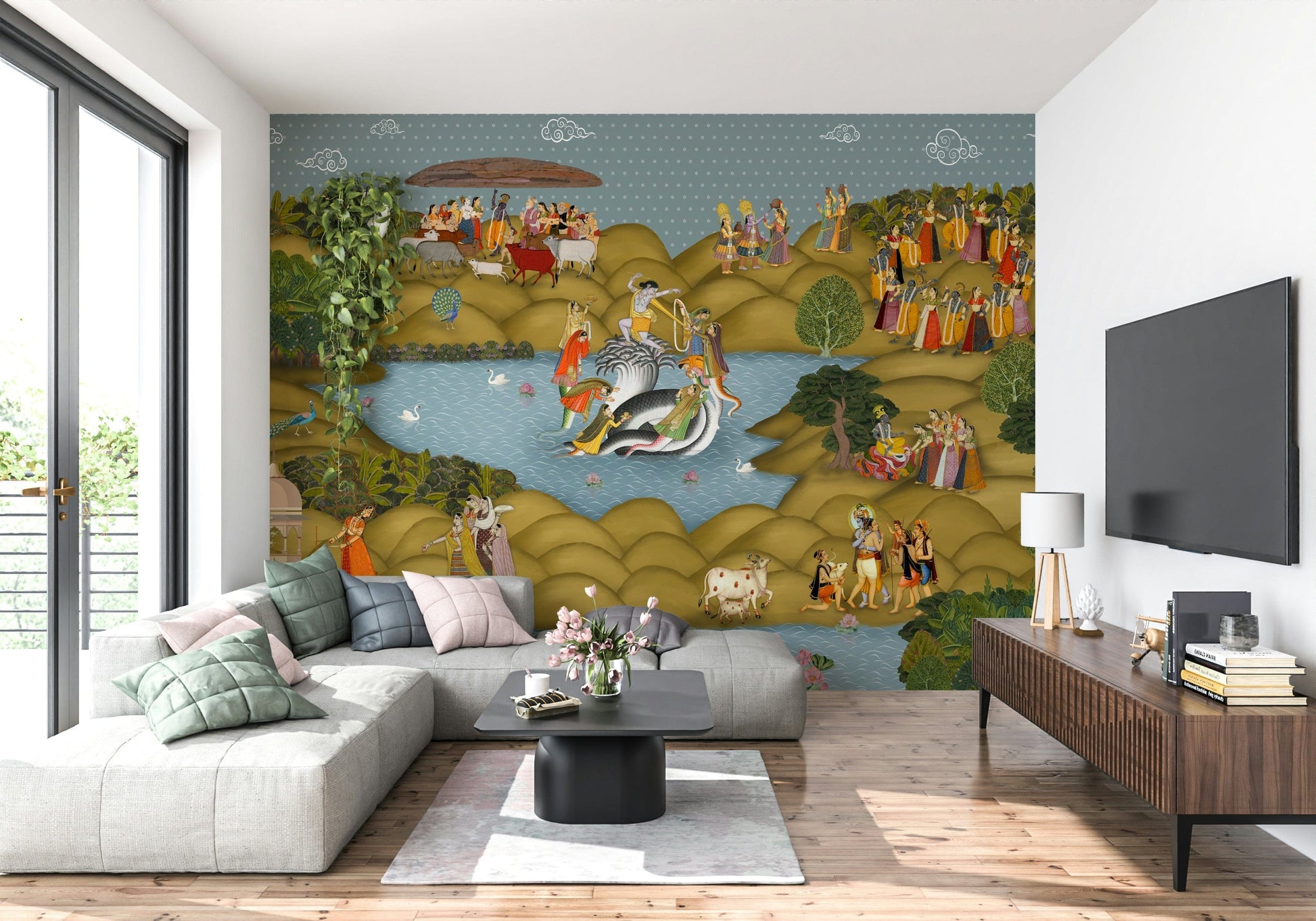 Palace-inspired wall mural with Krishna, gopis, cattle, and lush landscape