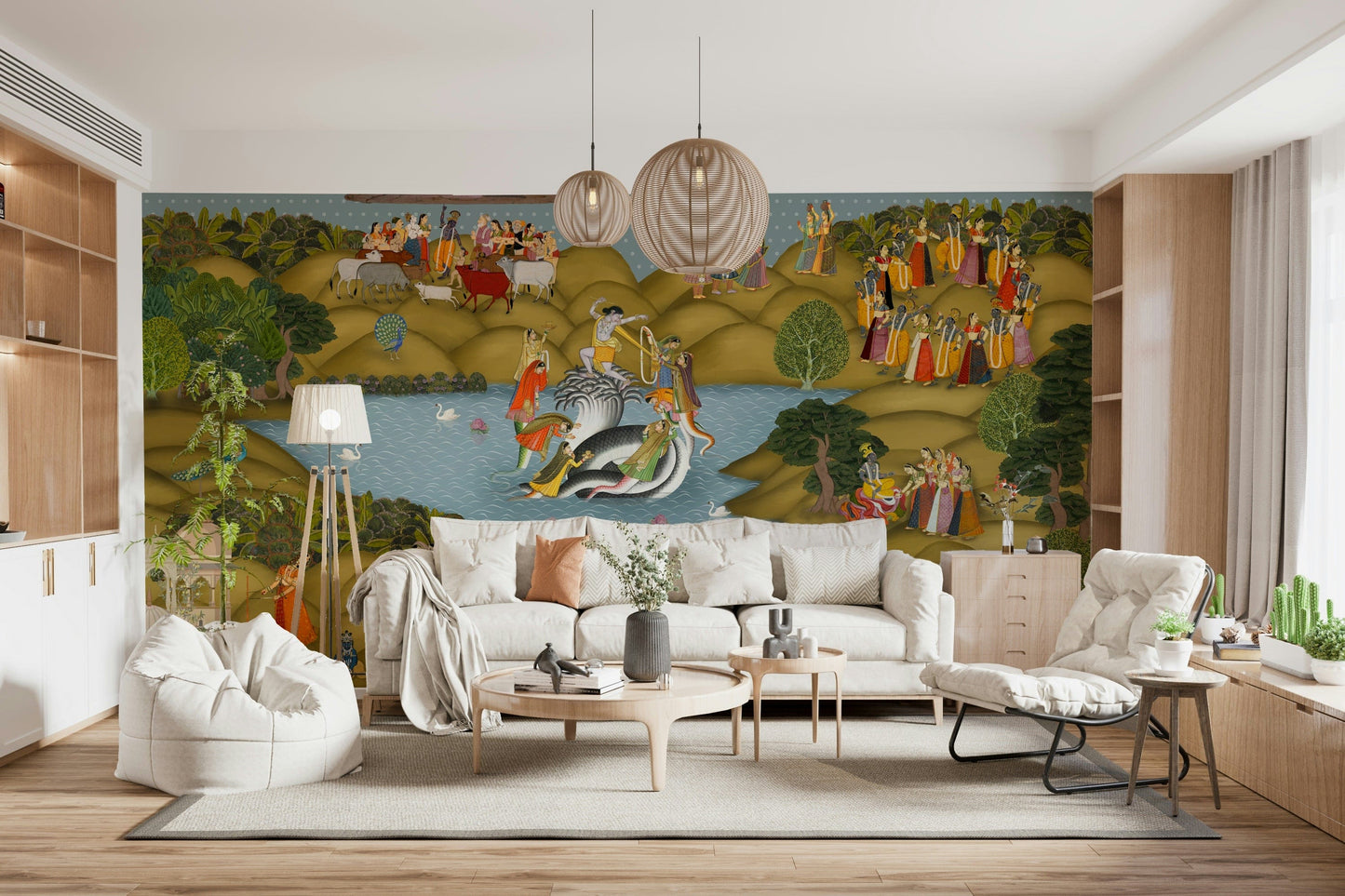 Hand-painted style jali mural featuring royal processions and pastoral life