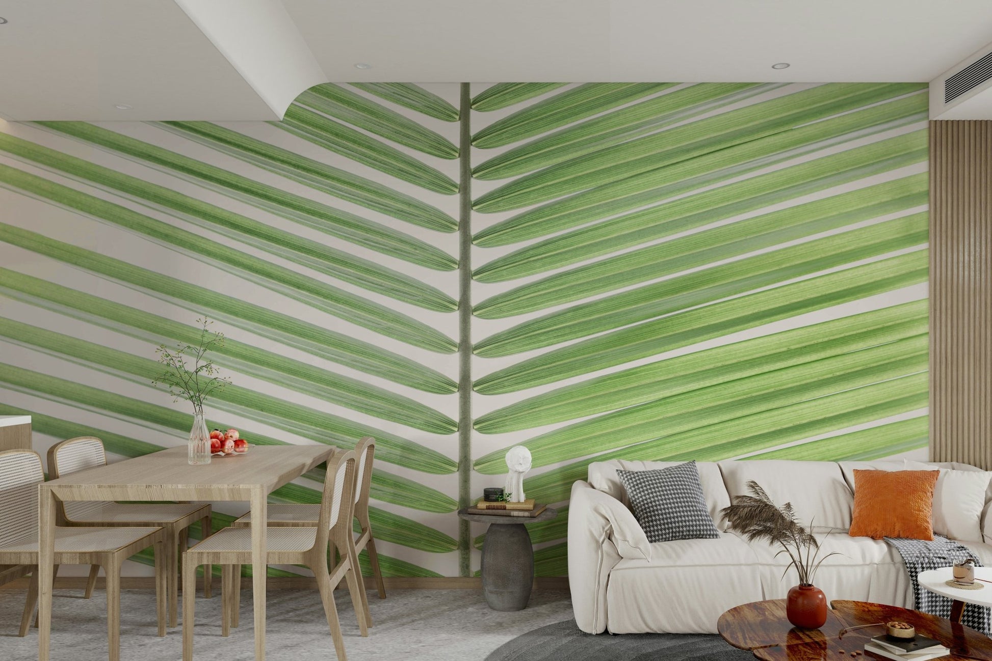 Palm frond wall mural in soft greens