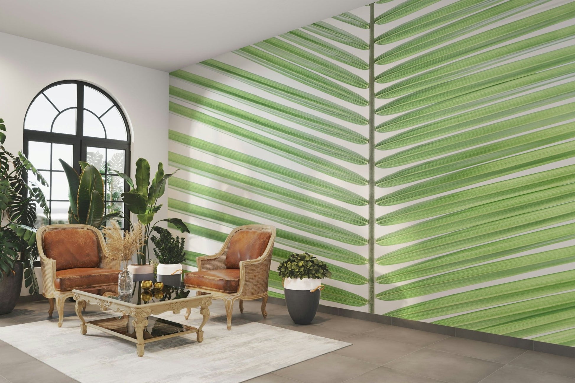 Minimalist palm frond mural with calming tones

