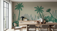 Palm grove mural behind bed, modern bedroom wall decor