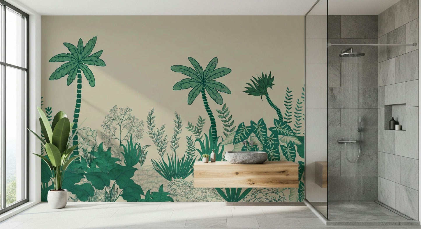 Palm leaf wall mural in entryway, calm modern wall decor