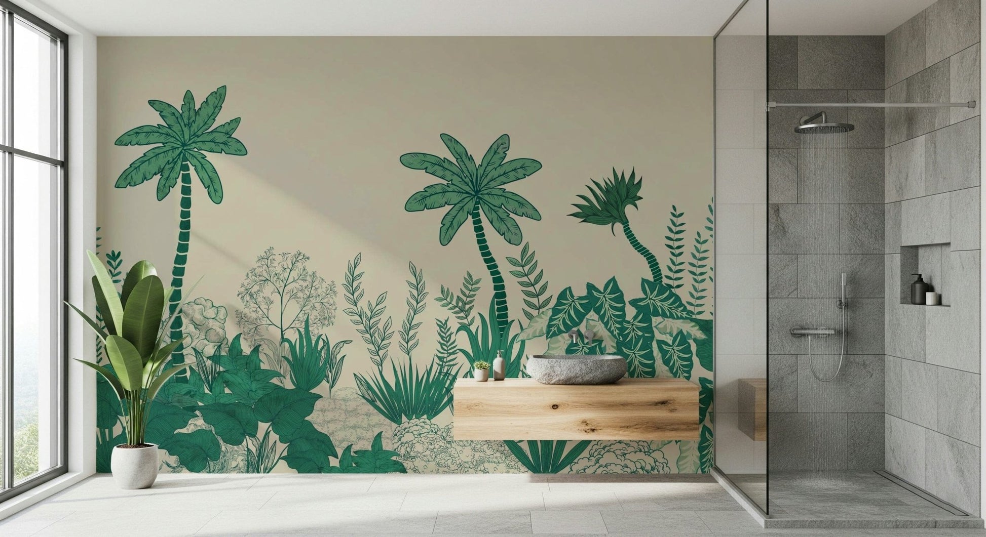Palm leaf wall mural in entryway, calm modern wall decor