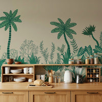 Palm grove mural in living room, calm modern color tones