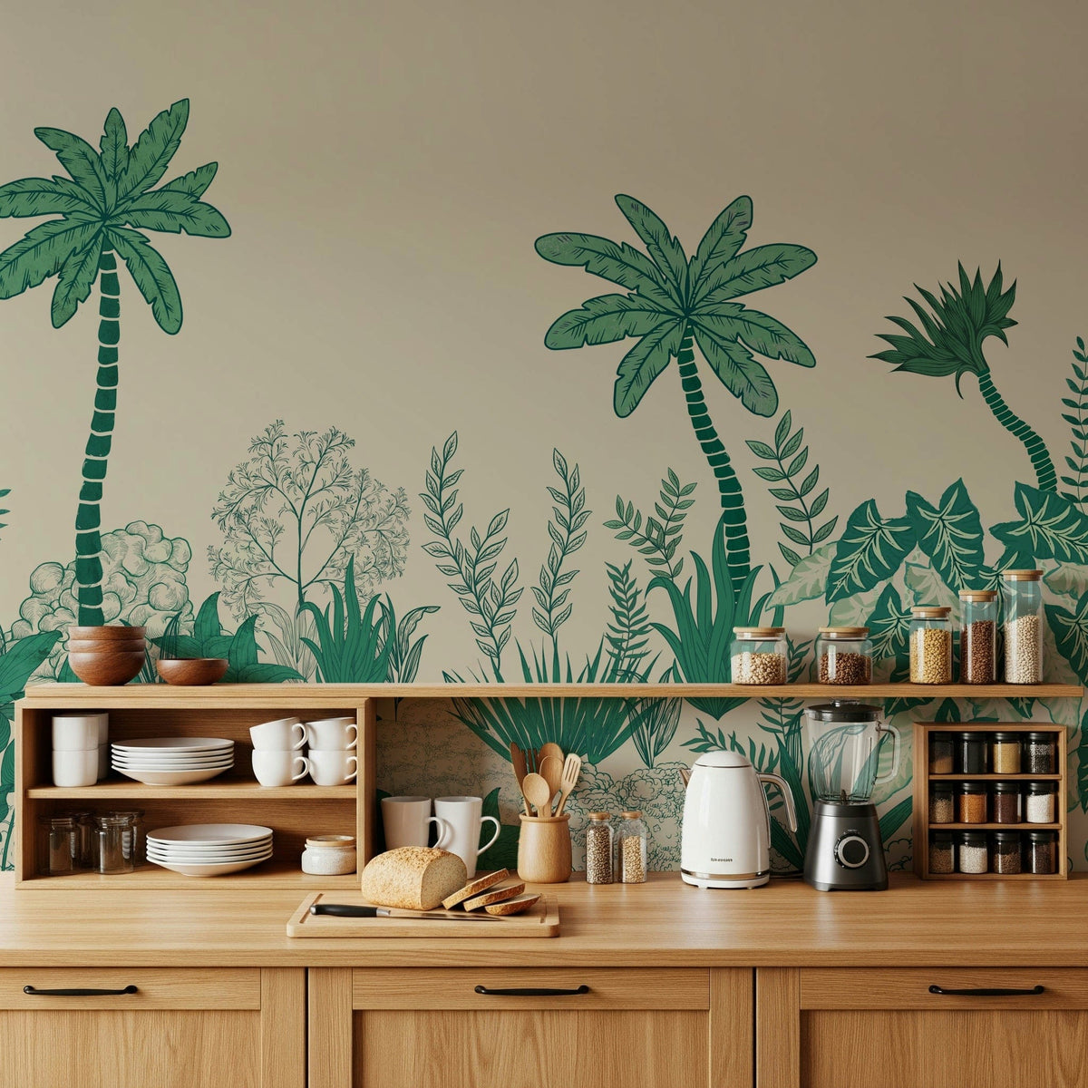Palm grove mural in living room, calm modern color tones