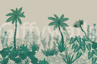 Neutral lounge with palm mural, soft green color accents