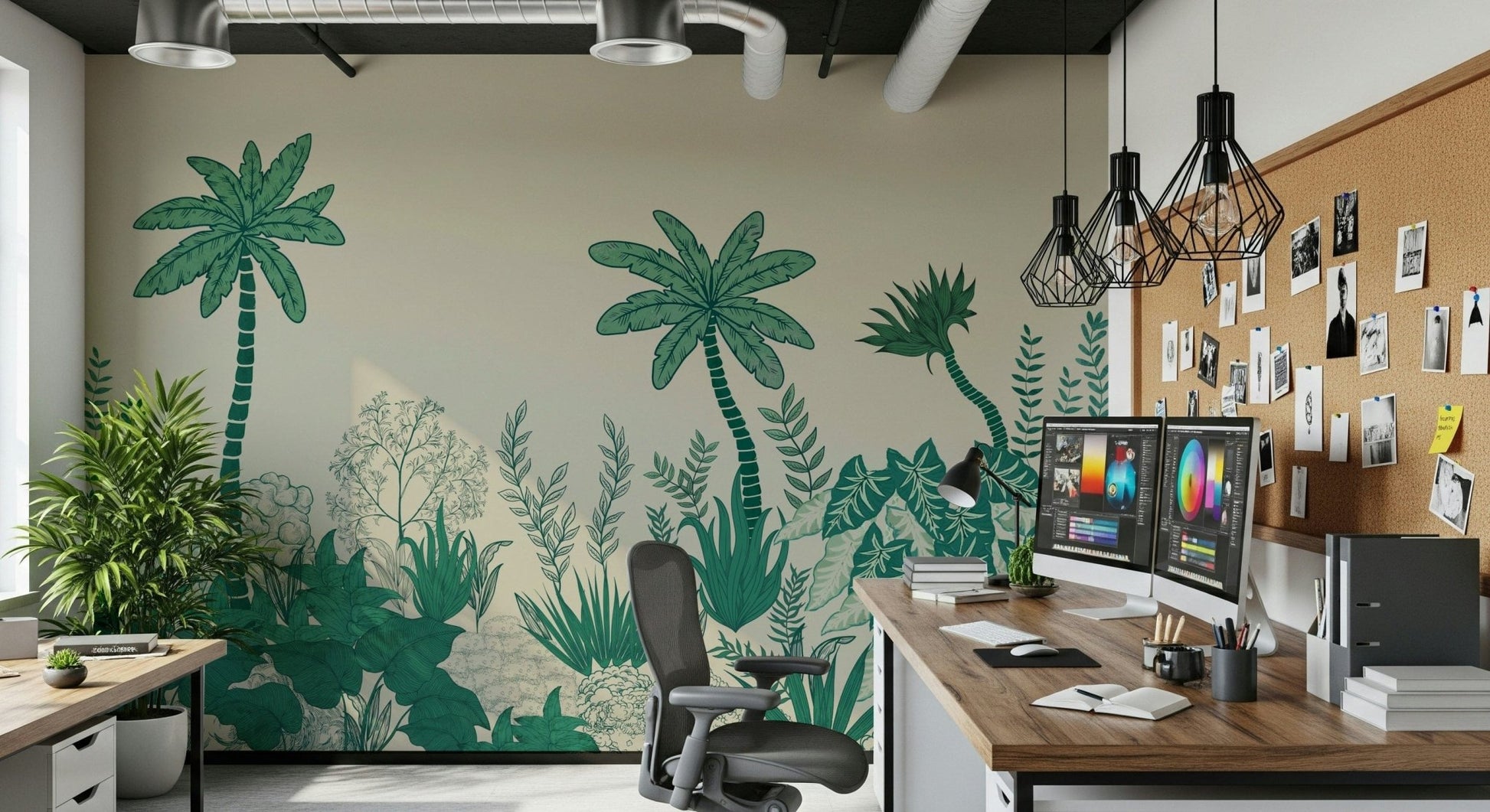 Palm mural in apartment lounge, modern feature wall look