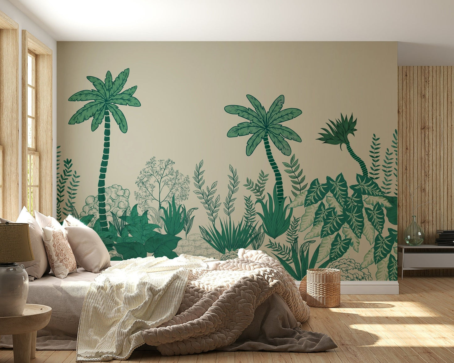Tropical palm mural in home office, calm modern backdrop
