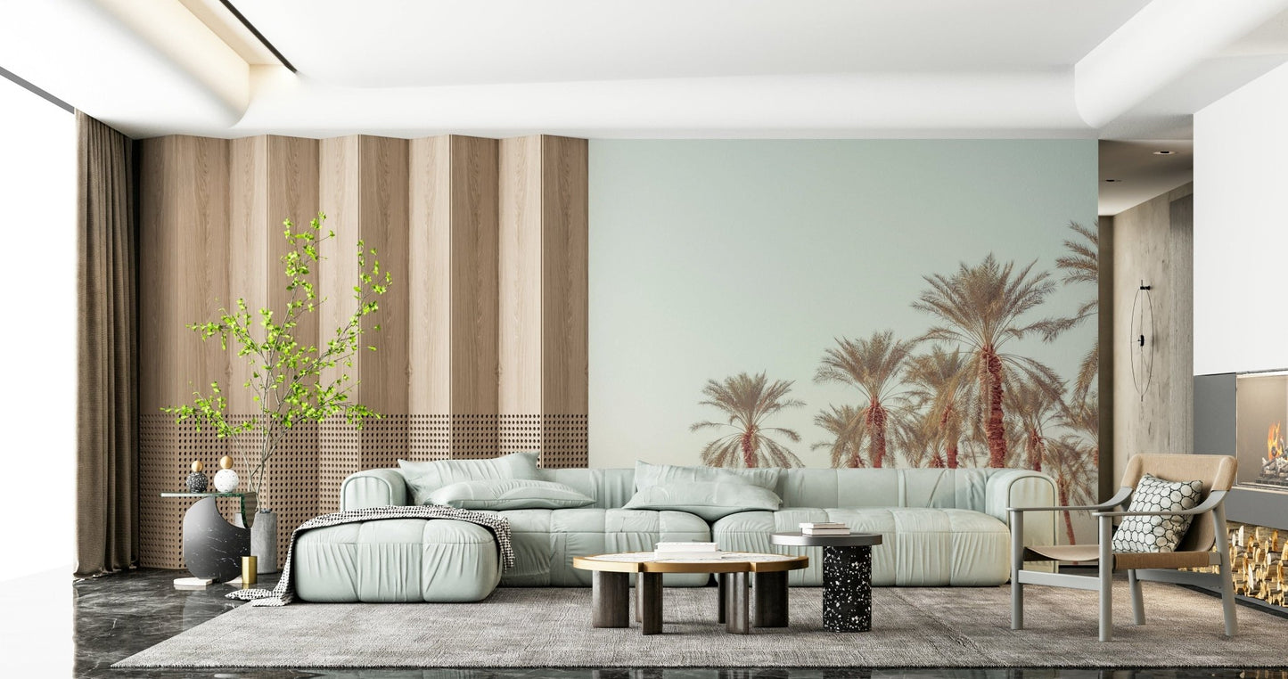 Minimalist tropical wallpaper showcasing slender palm trunks and soft-toned leaves.