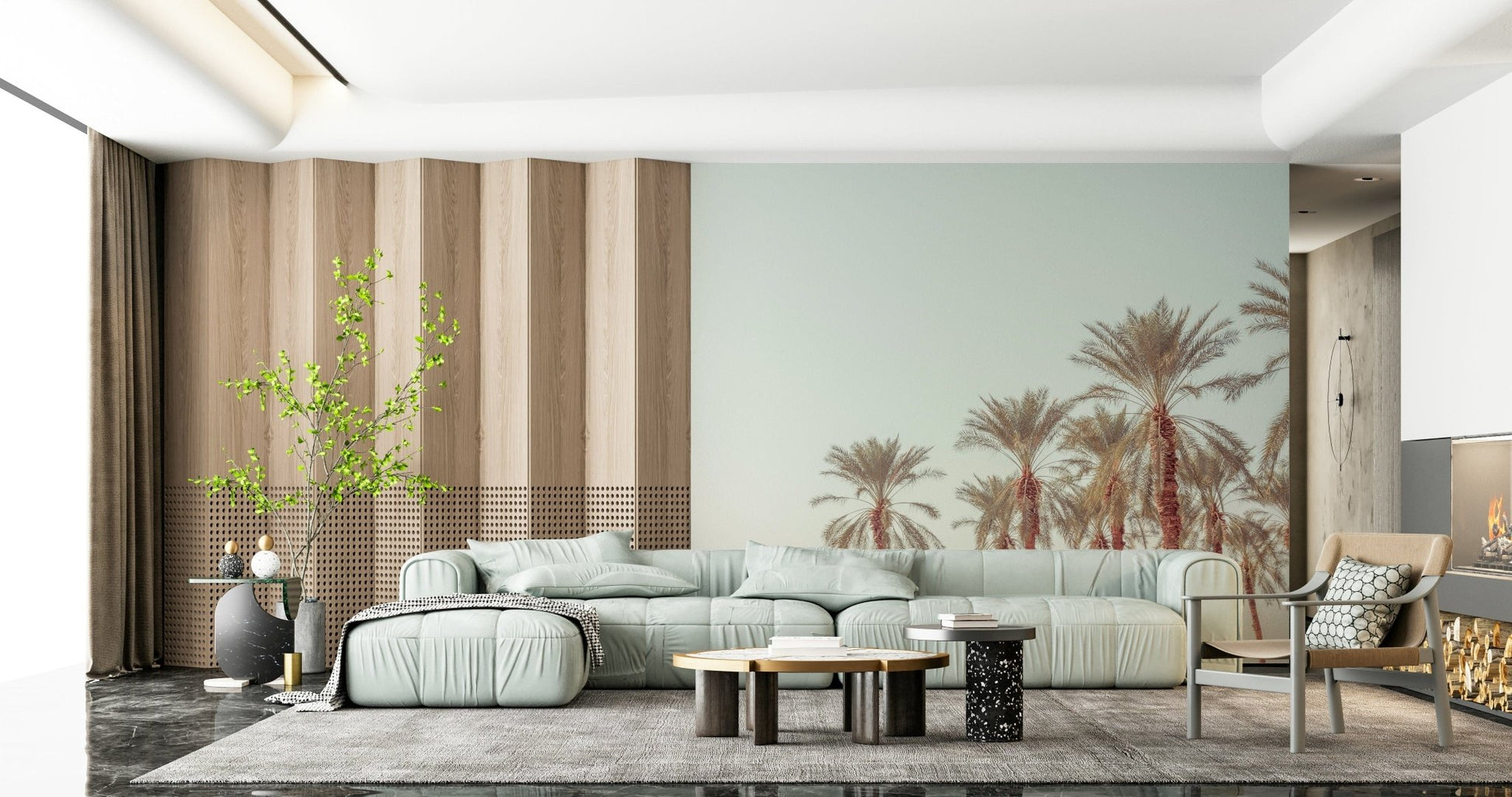 Minimalist tropical wallpaper showcasing slender palm trunks and soft-toned leaves.