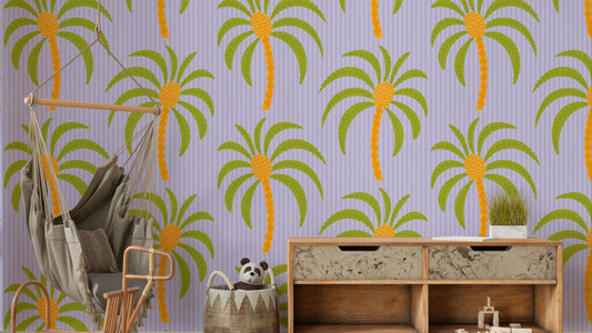 The image shows a repeating pattern of palm trees and stripes.

