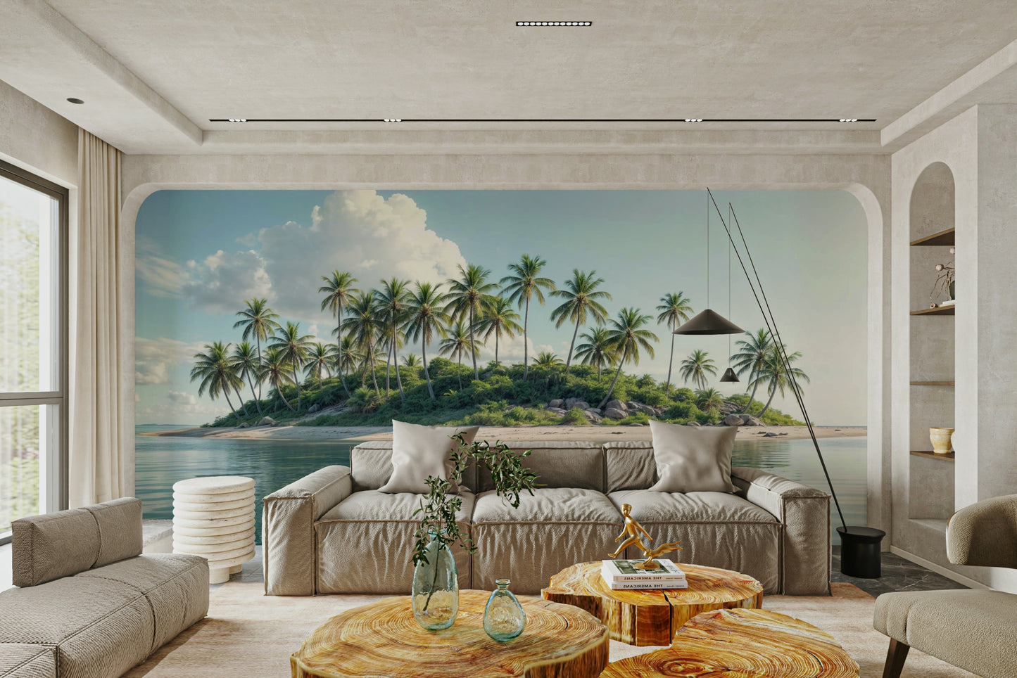Soft green palm leaf textures for a refined interior finish.
