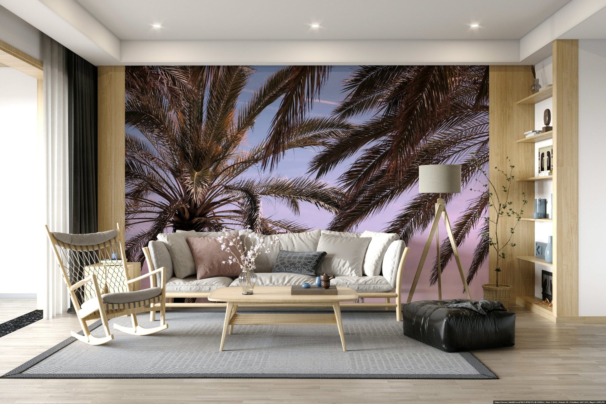 Tropical scenery wall mural with palm trees and soft, dreamy sky colors.