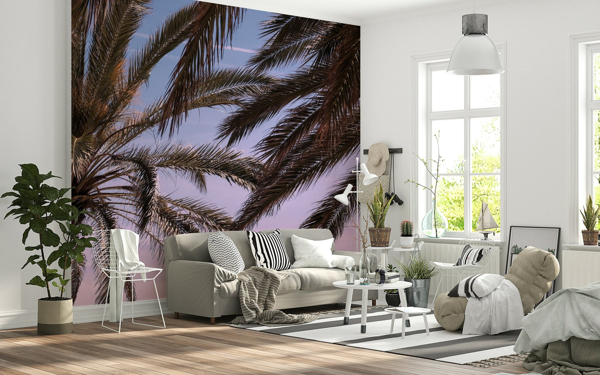Nature-inspired wall covering featuring palms swaying under a peaceful sky.