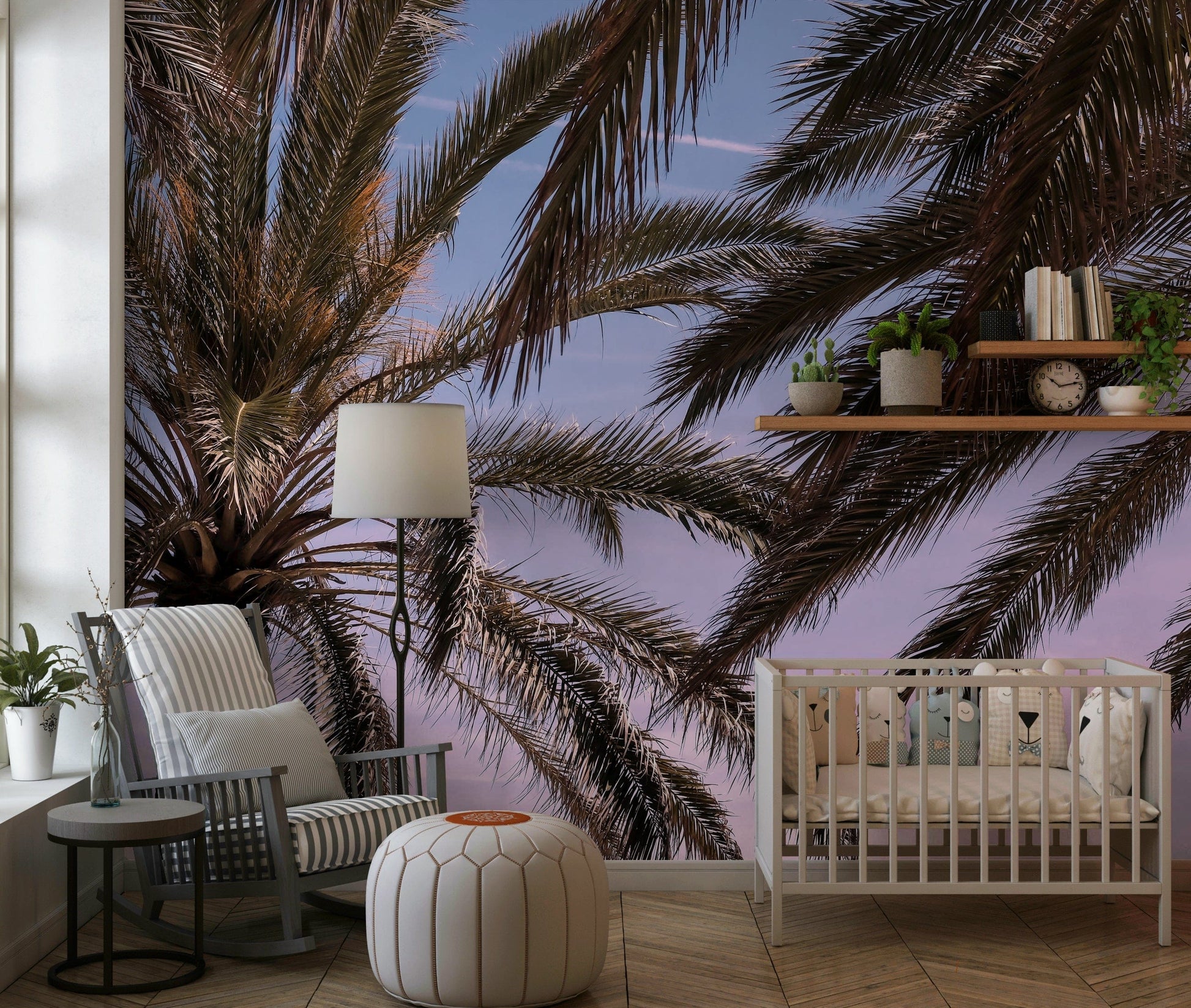 Tropical wall mural with palm silhouettes and calming sky tones for relaxing interiors.