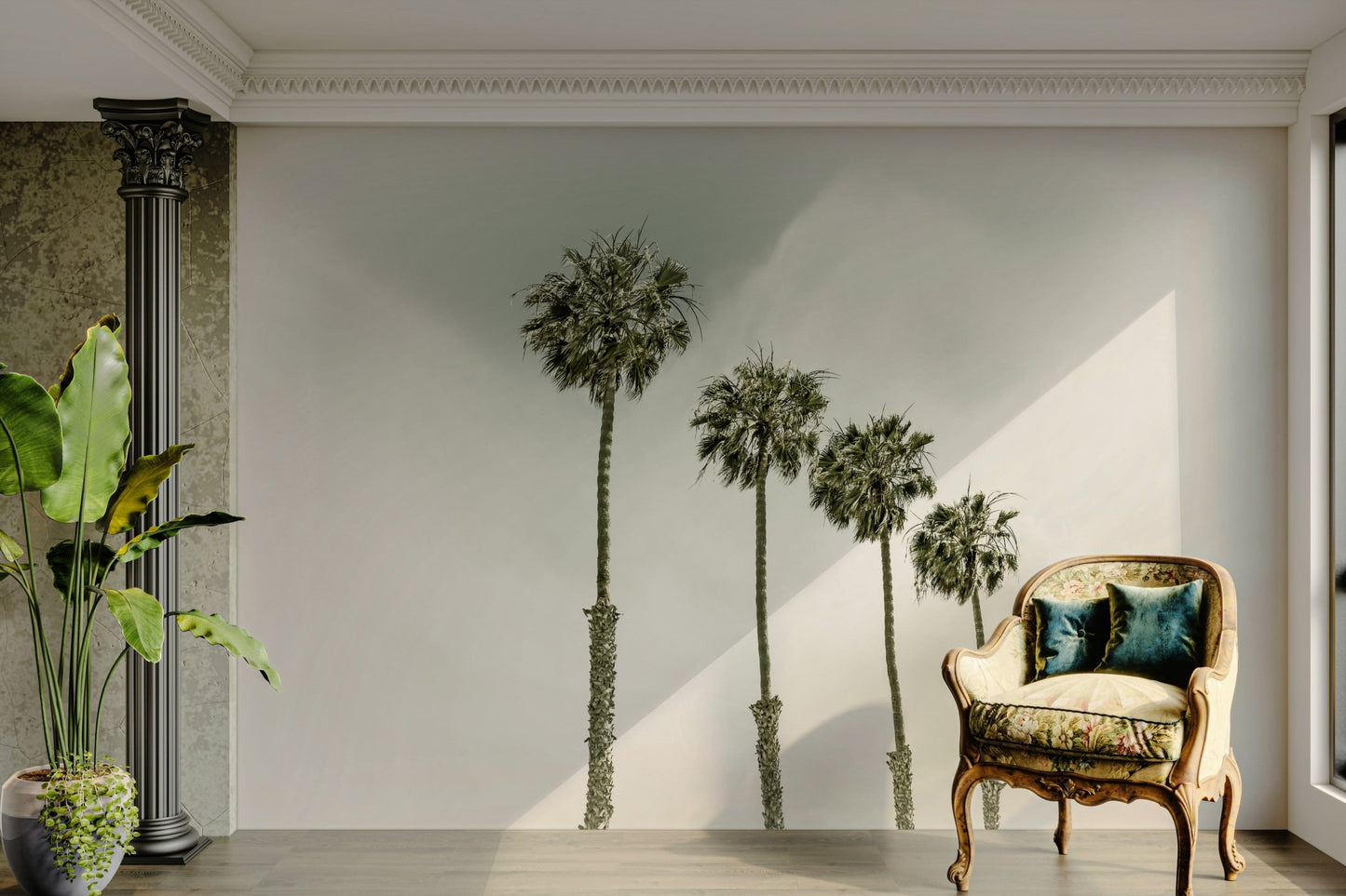 Peaceful palm tree mural with a vintage beach backdrop

