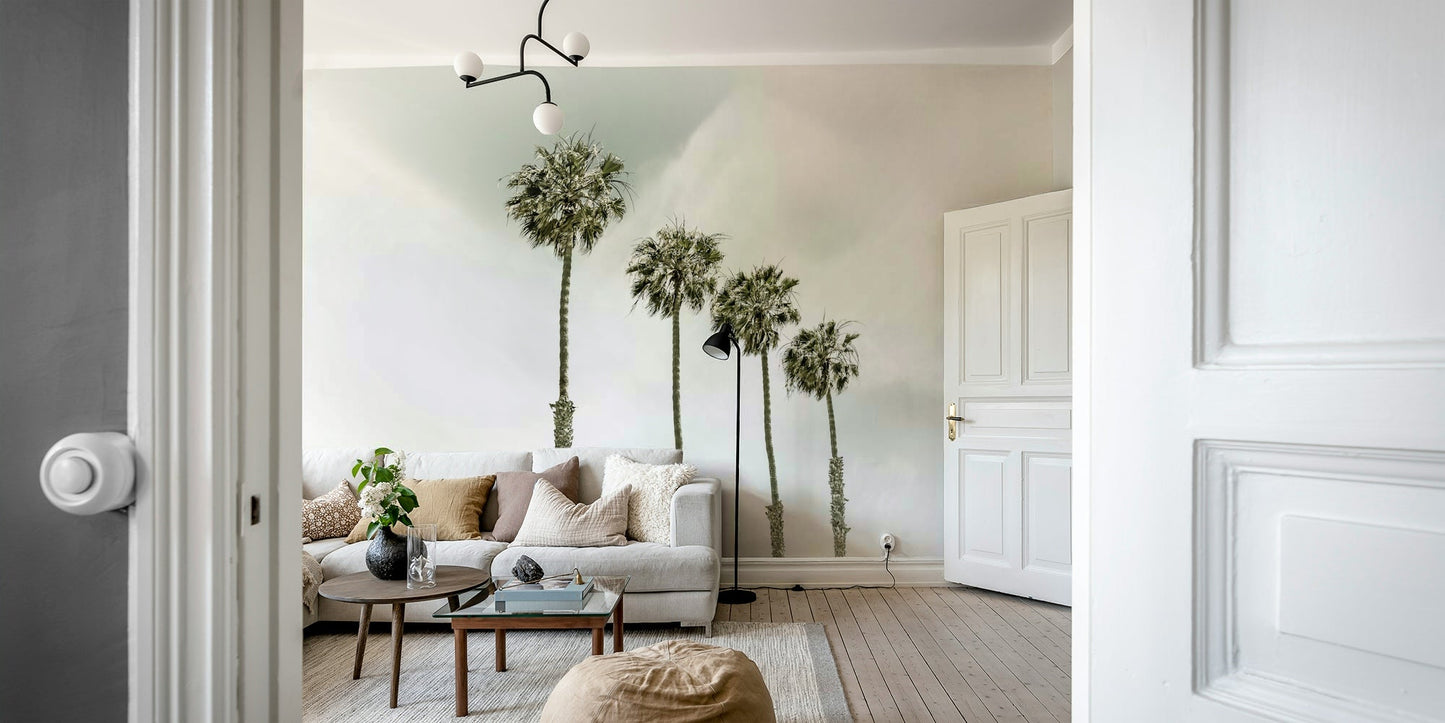 Retro-inspired wall mural of palm trees on a beach


