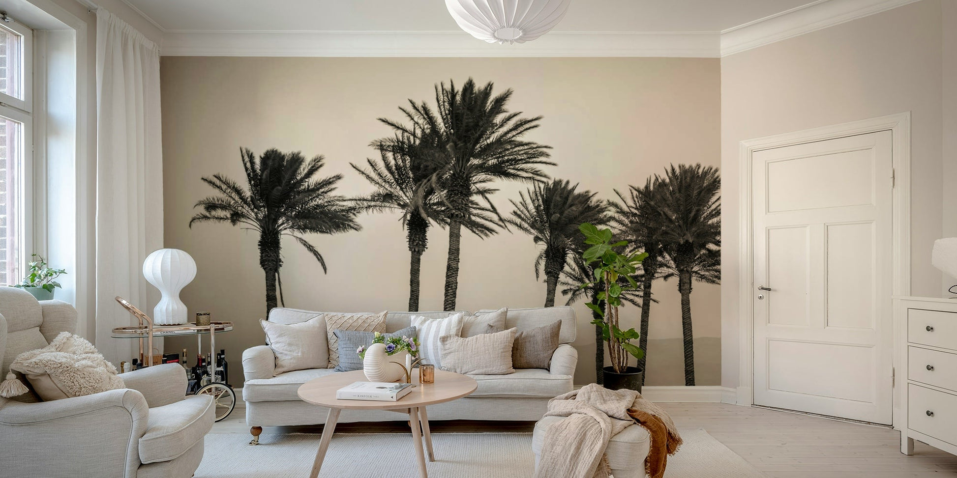 Coastal landscape with palm trees captured in black and white

