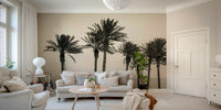Coastal landscape with palm trees captured in black and white

