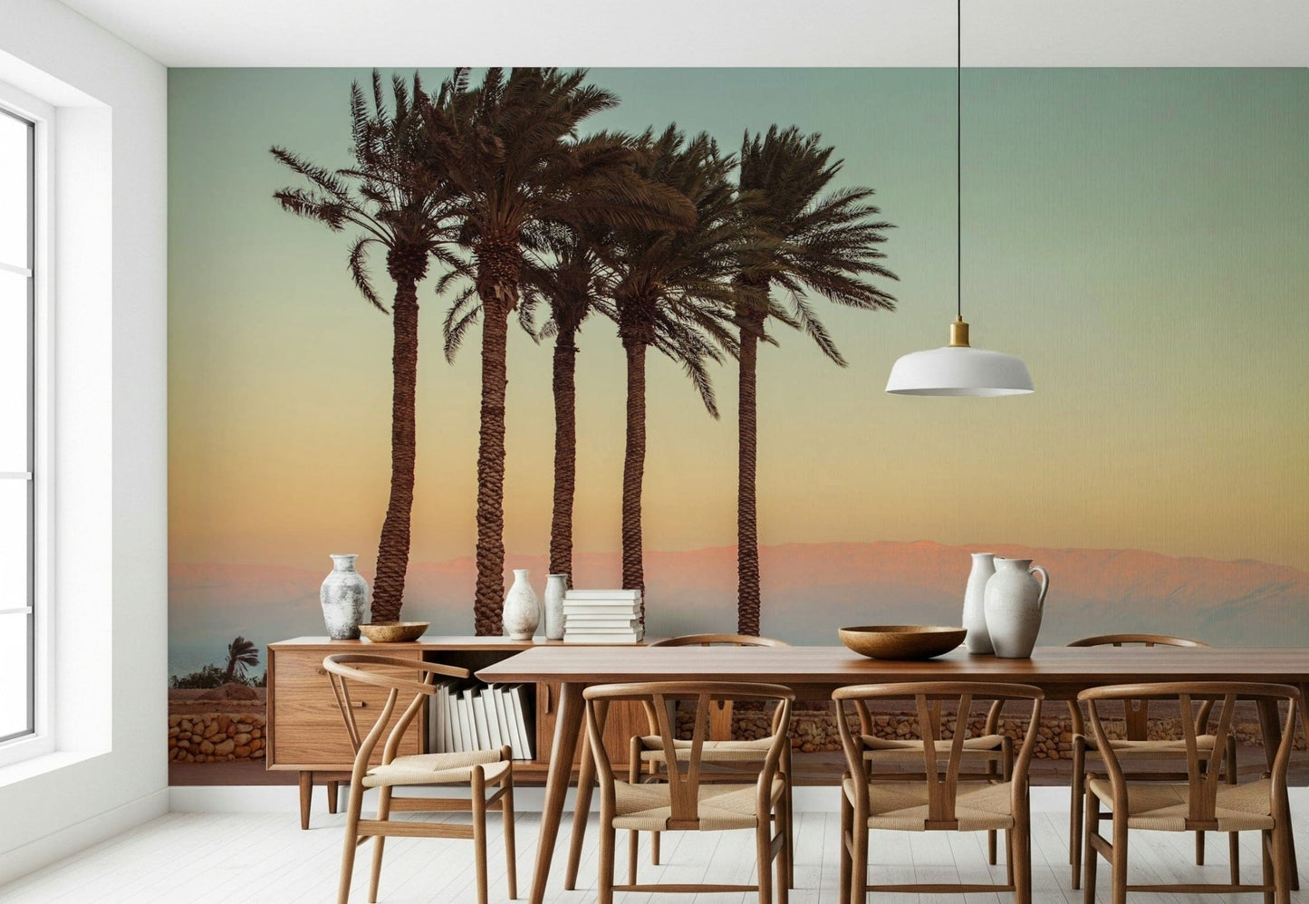 Exotic tropical decor, amazing Palm Trees on Beach visual backdrop.