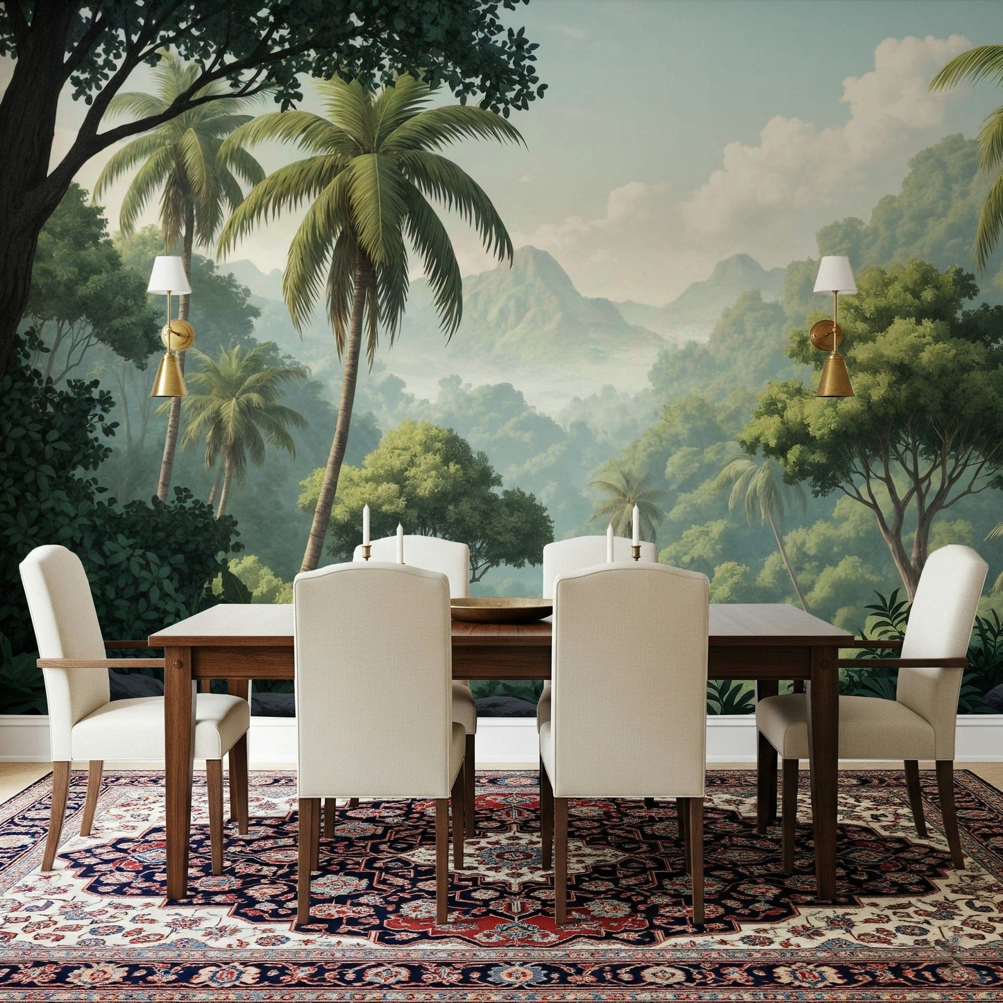 Palm Vista wallpaper mural of palms and jungle behind a dark wood dining table and cream chairs on a red rug
