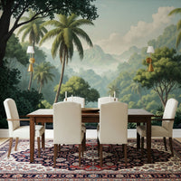 Palm Vista wallpaper mural of palms and jungle behind a dark wood dining table and cream chairs on a red rug