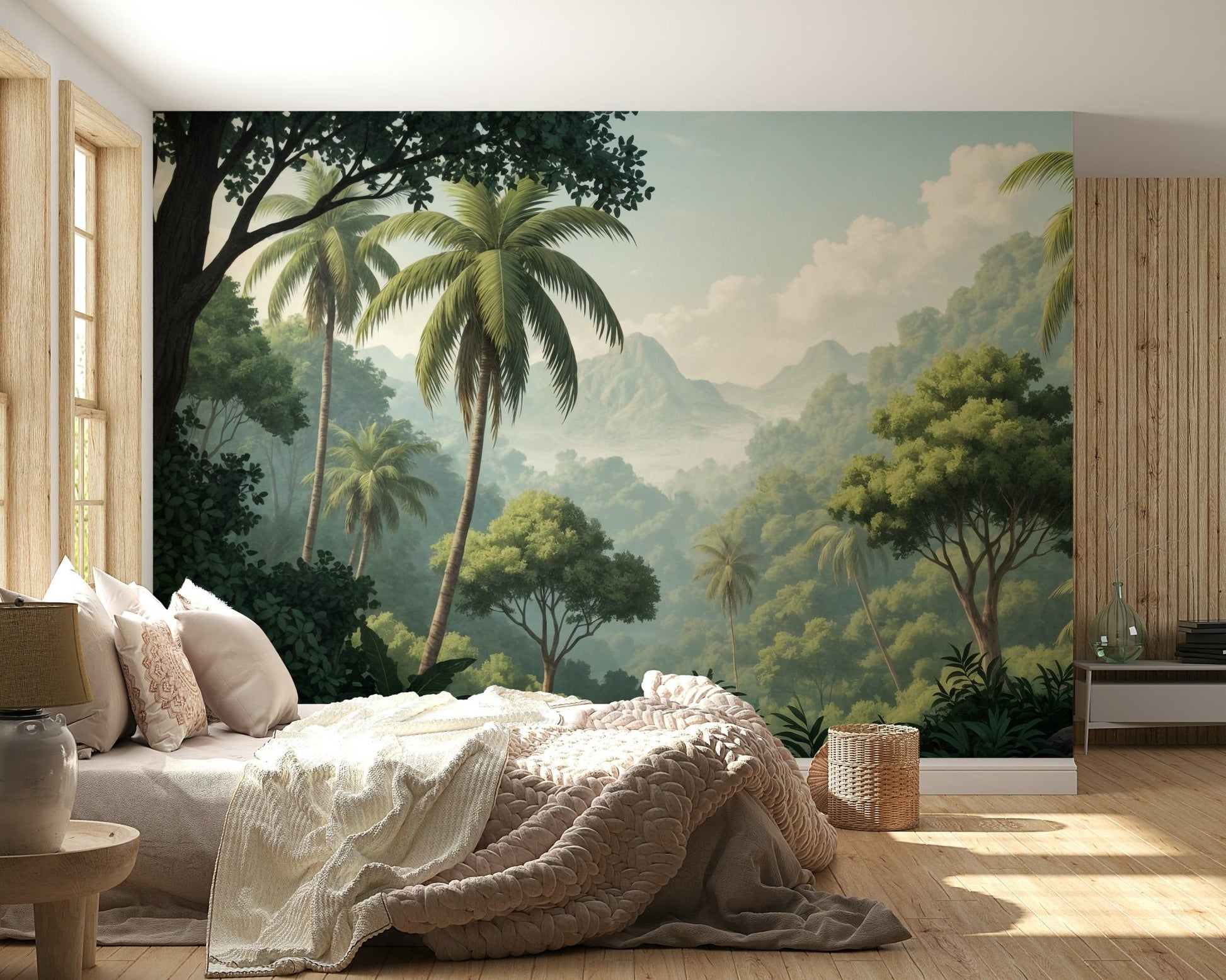 Palm Vista wallpaper mural of palms and green hills behind a low platform bed with cream bedding in a bedroom