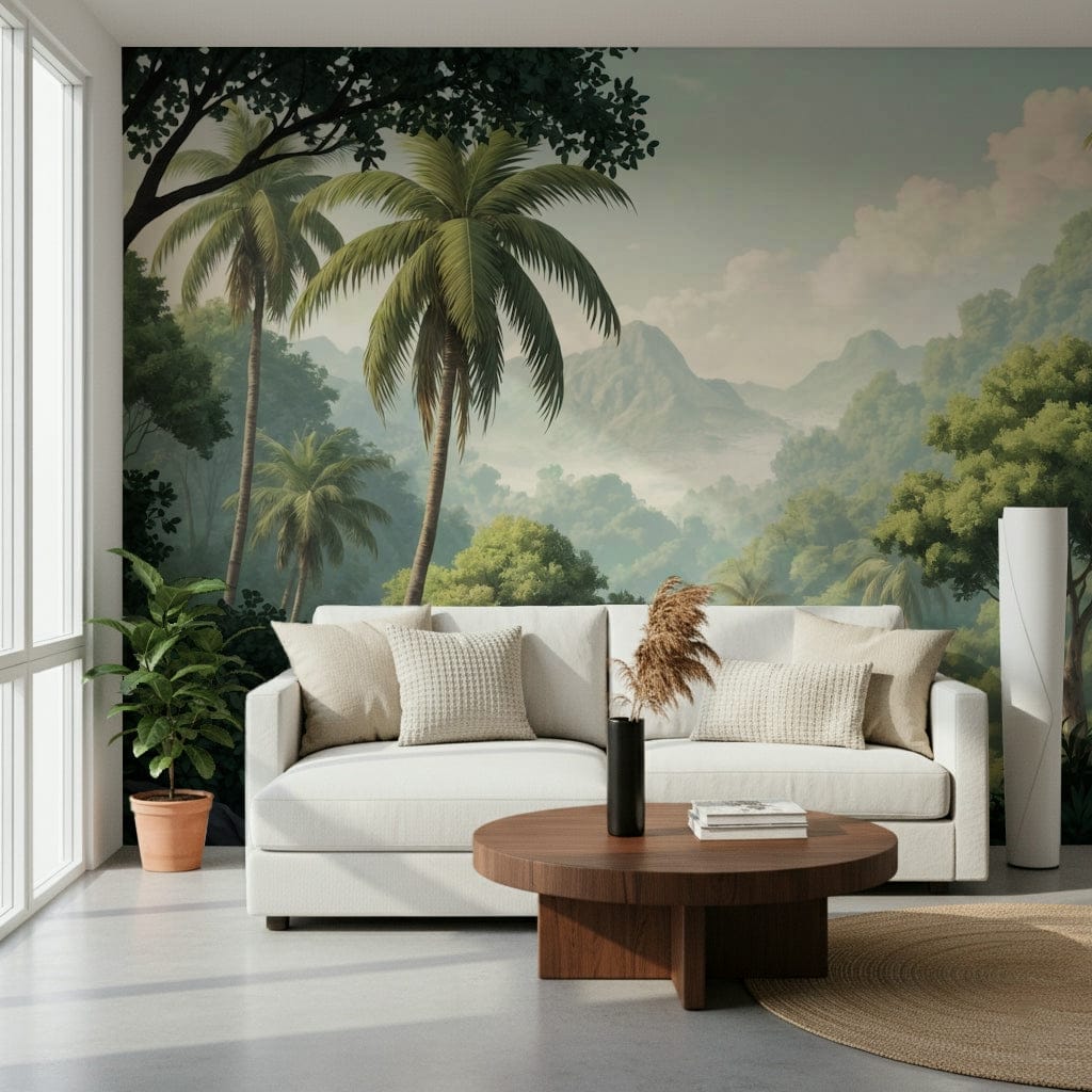 Palm Vista wallpaper mural of jungle and mountains behind a white sofa and round wood table in a living room
