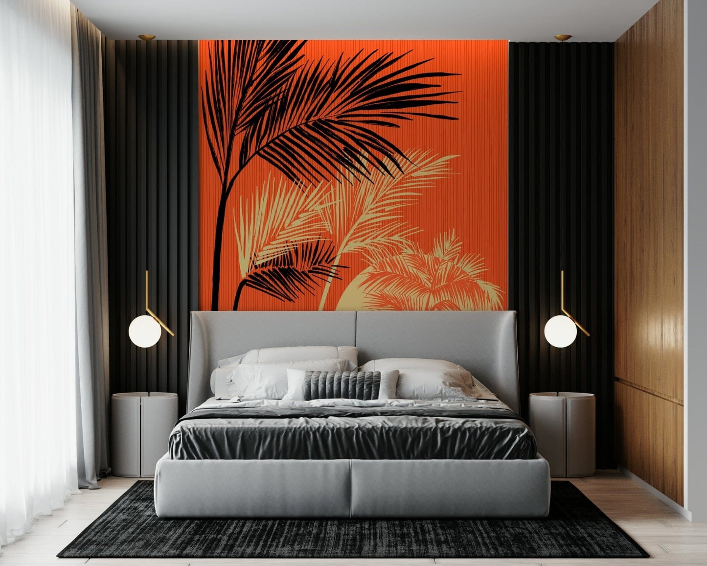 Palms at Sunset wallpaper mural with black palms on orange above a gray bed framed by dark slatted panels