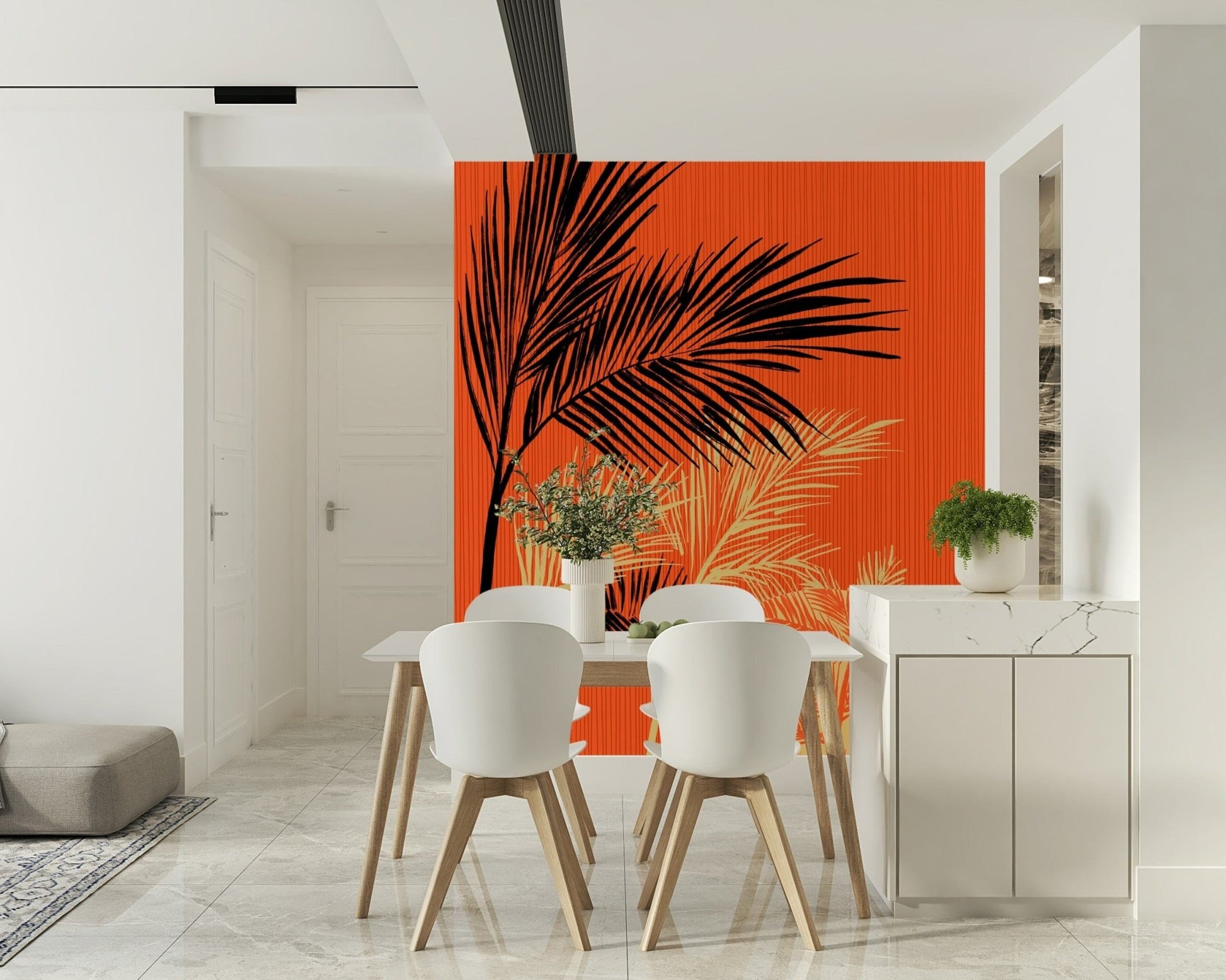 Palms at Sunset wallpaper mural with bold palm silhouettes on orange behind a white dining table and chairs