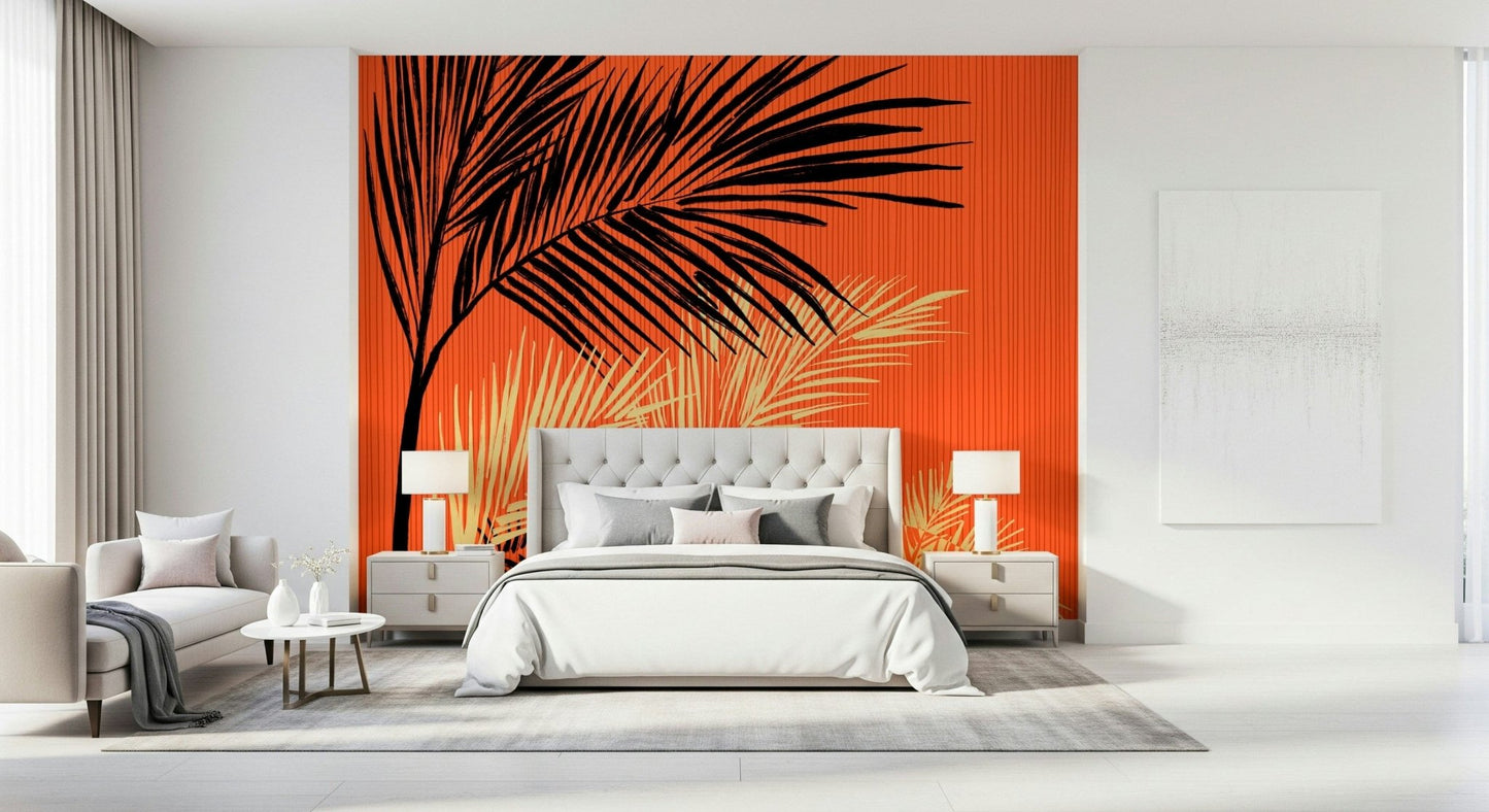 Palms at Sunset wallpaper mural of palm silhouettes on orange behind a gray upholstered bed in a bedroom