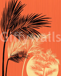 Palms at Sunset wallpaper mural shown as a full-wall design of black and cream palms with a setting sun on orange
