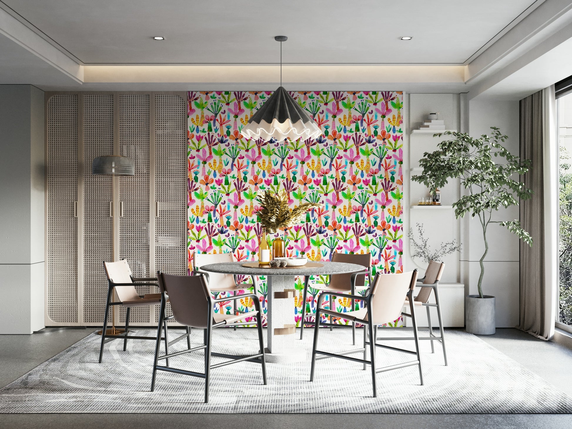Colorful kids wallpaper with palm tree designs

