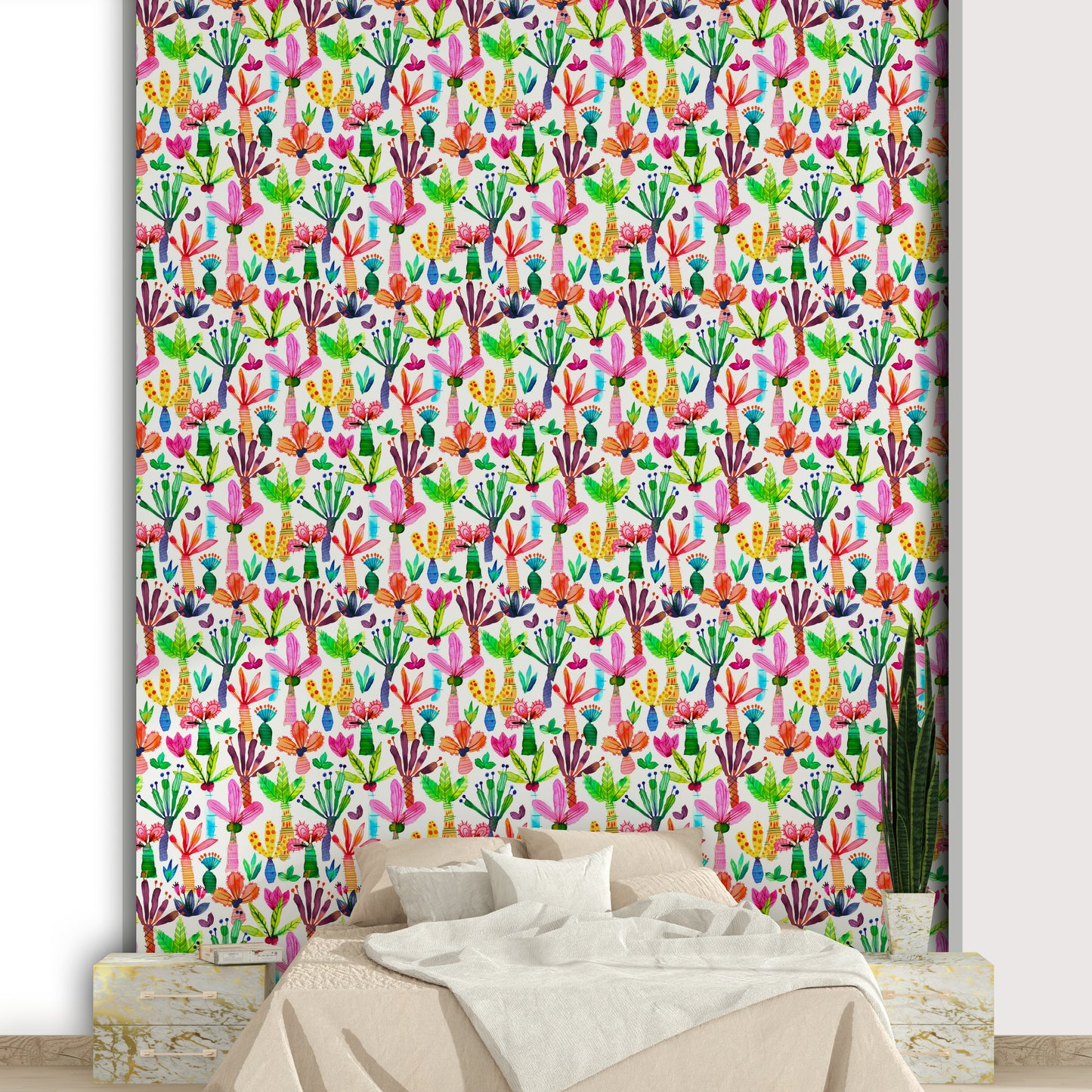Bright palm tree wallpaper with playful colors

