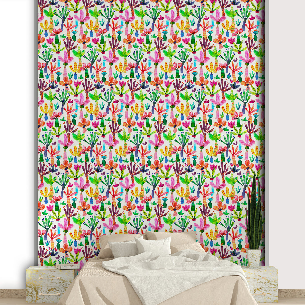 Bright palm tree wallpaper with playful colors

