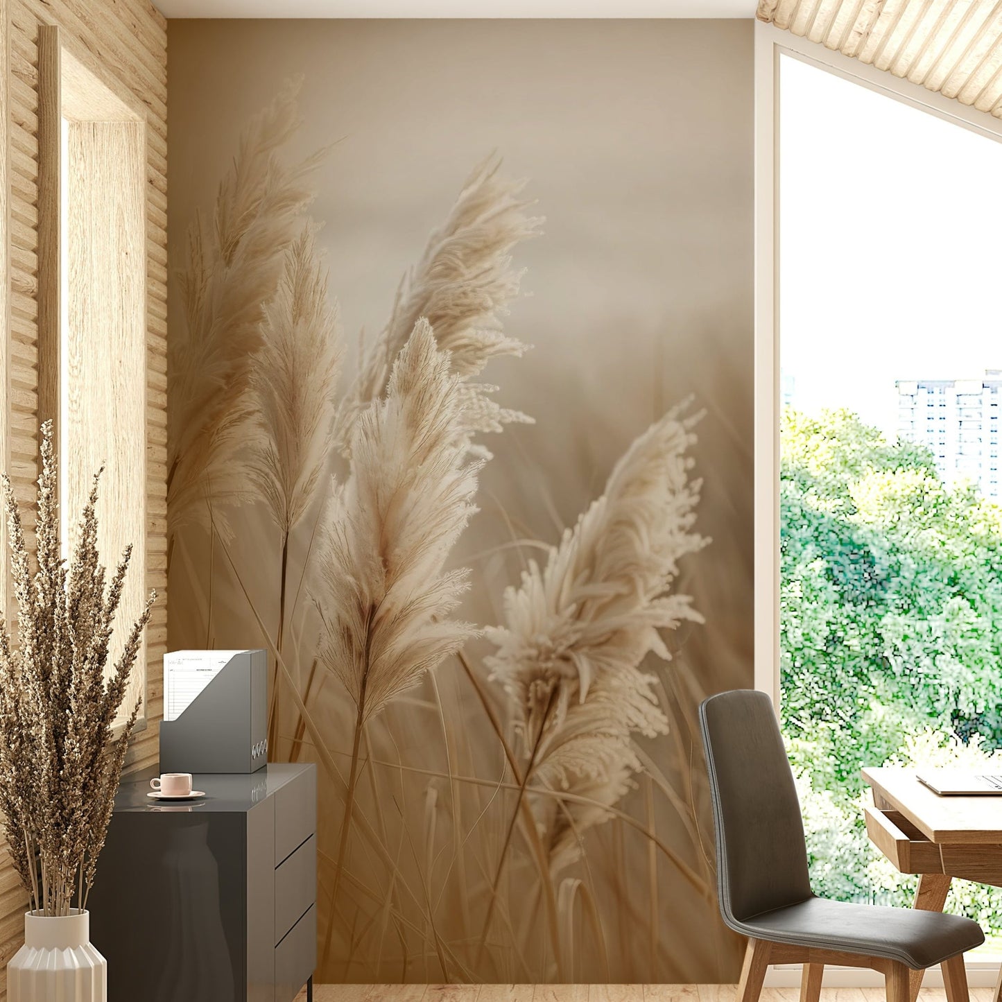 Gentle pampas grass swaying by the sea on wall mural

