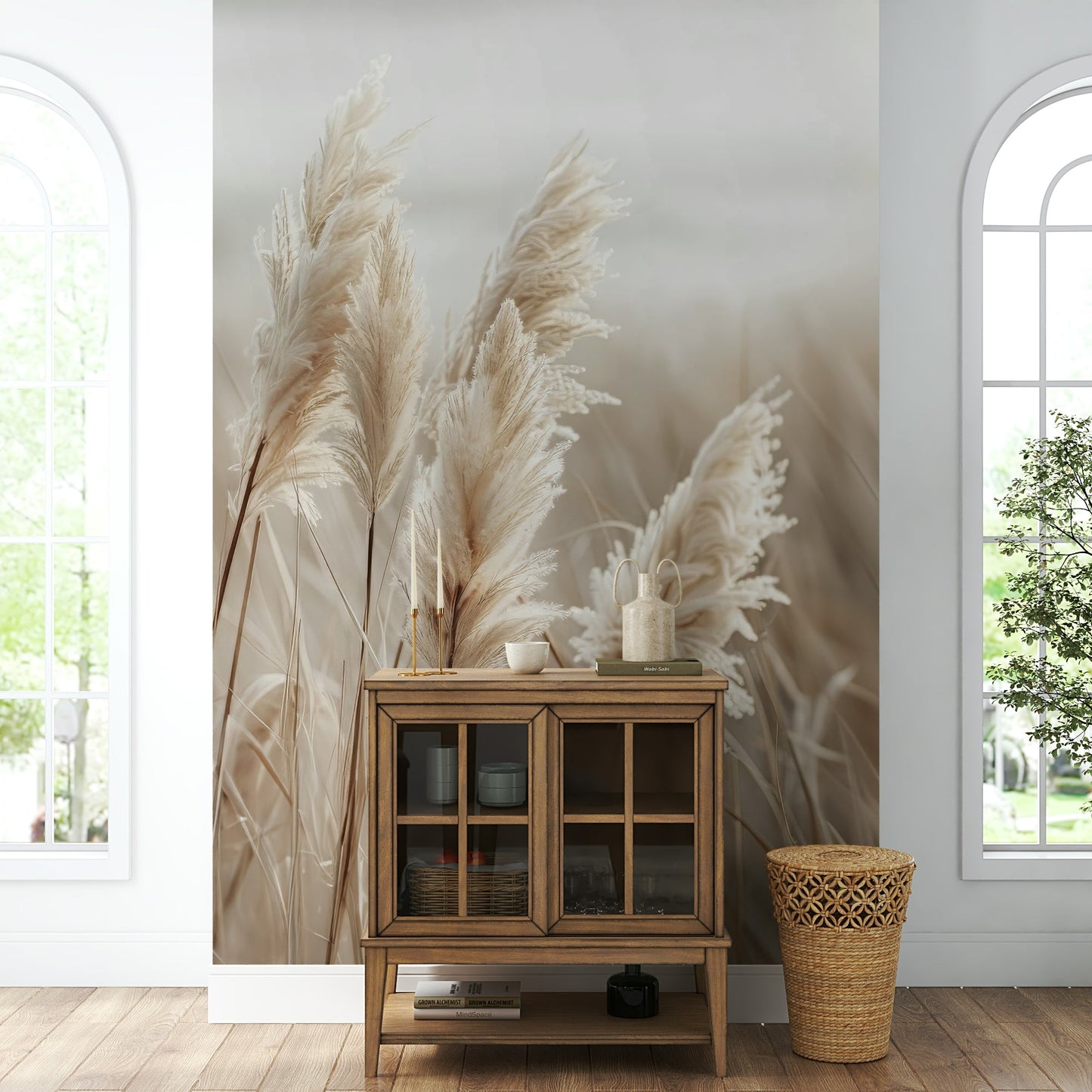 Serene pampas grass and sea scene mural for wall decor

