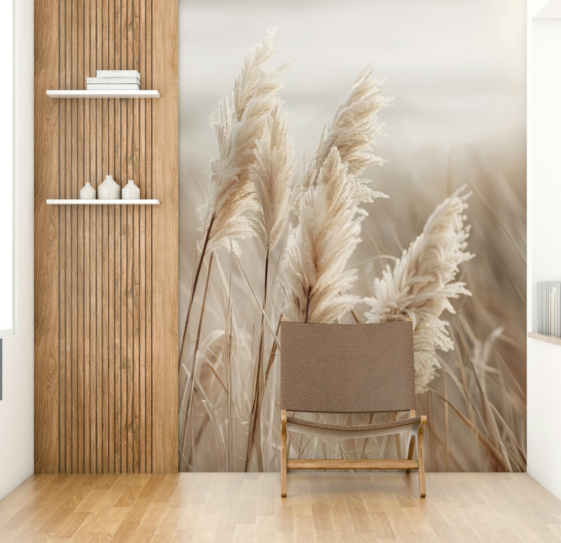 Pampas grass in soft light with ocean backdrop on mural

