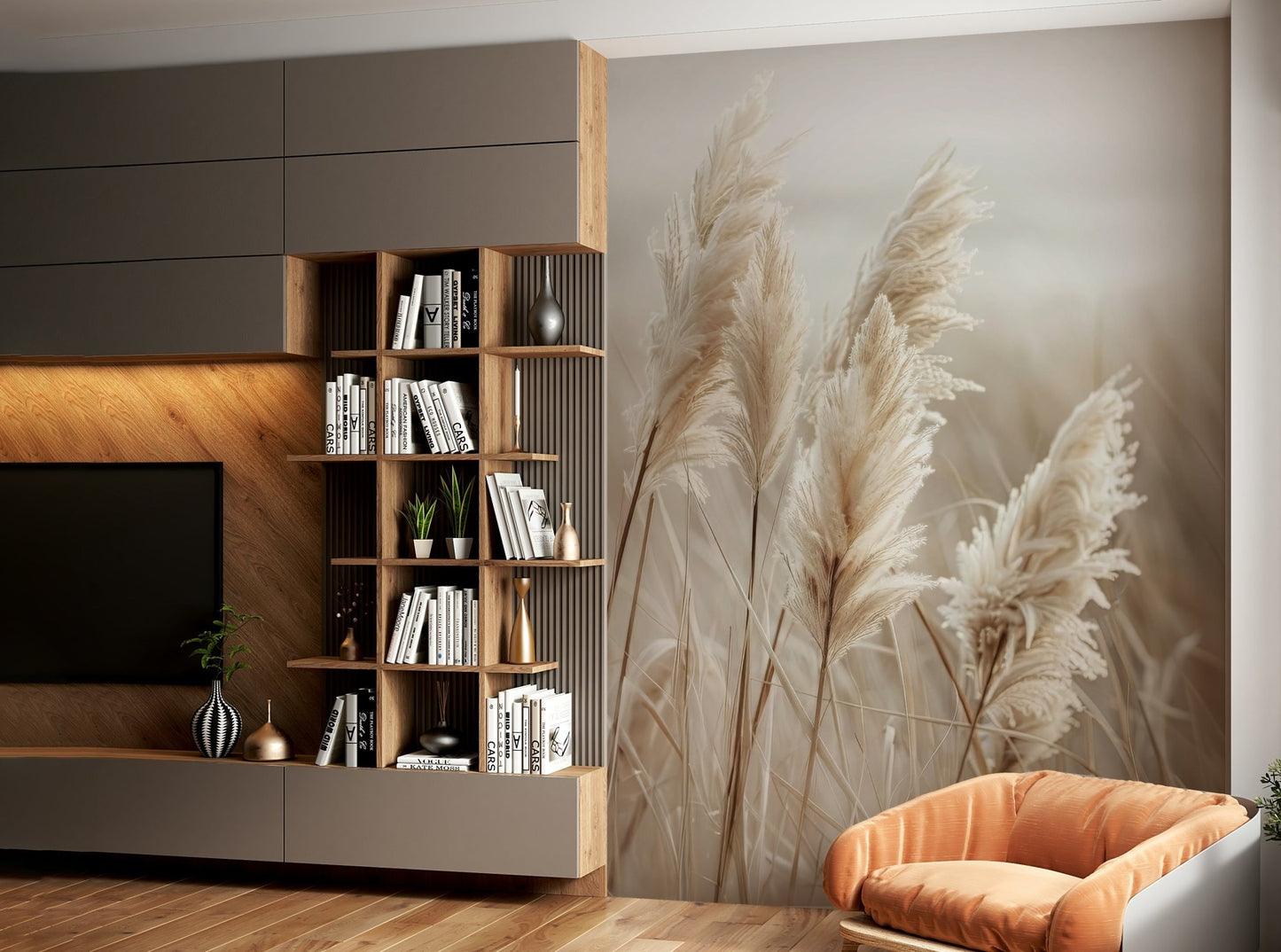 Serene coastal mural with pampas grass and ocean view

