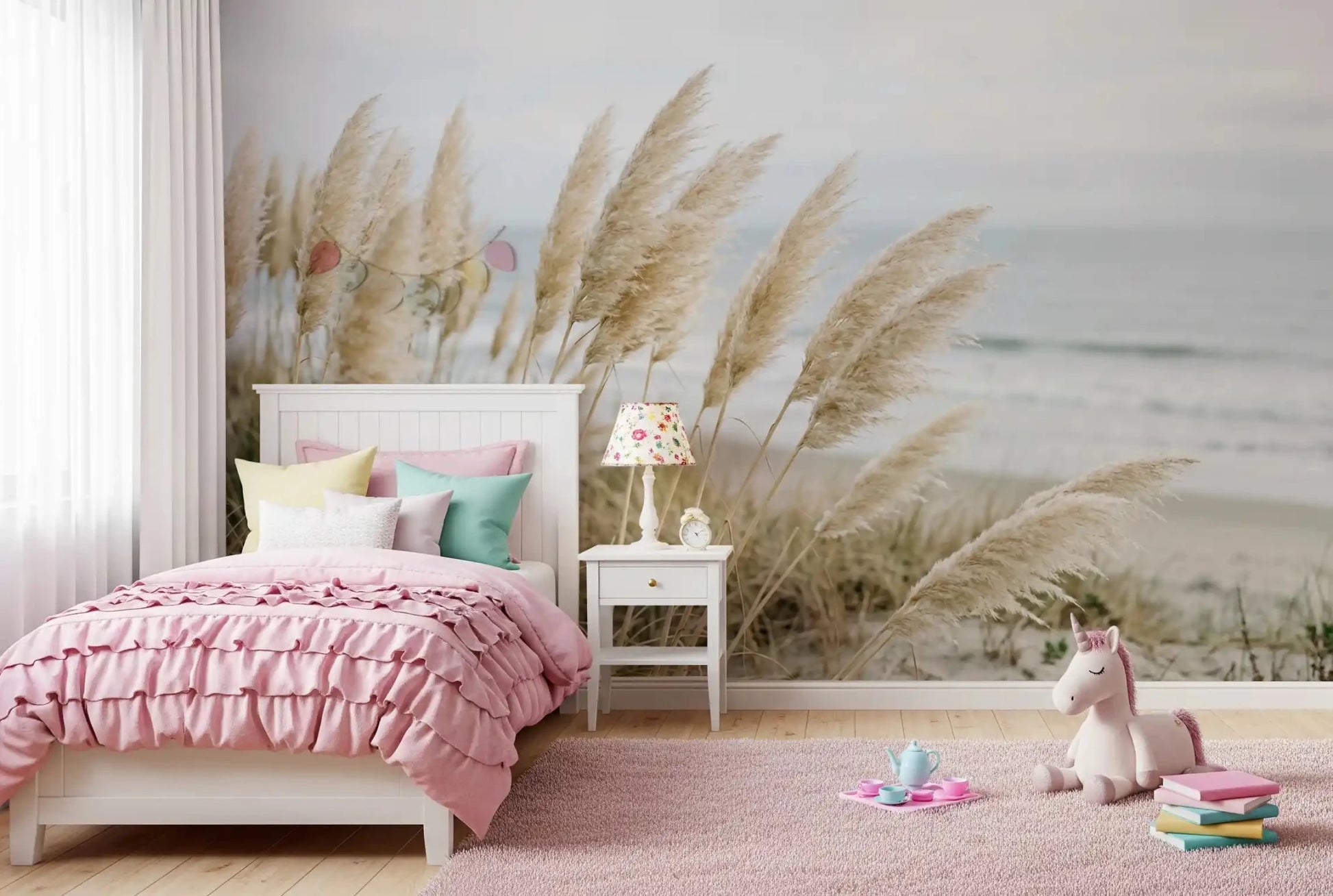 Soft coastal pampas wall mural beside a bedroom with light linen layers