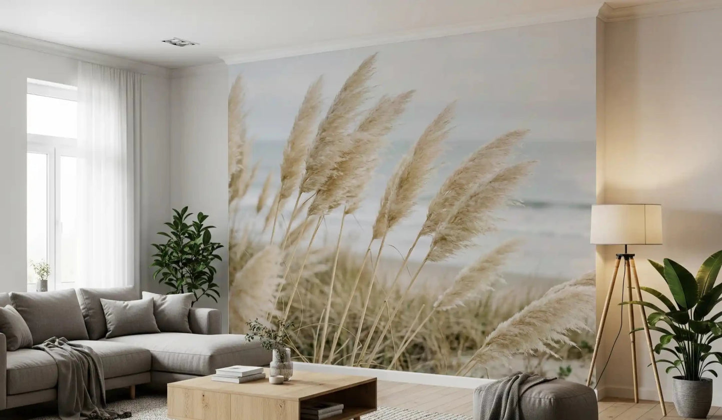 Coastal pampas reed wall mural fits a Entryway with wood and linen textures