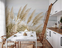 Feathery reed pampas wall mural along a bright Kitchen and dining room with sandy tones
