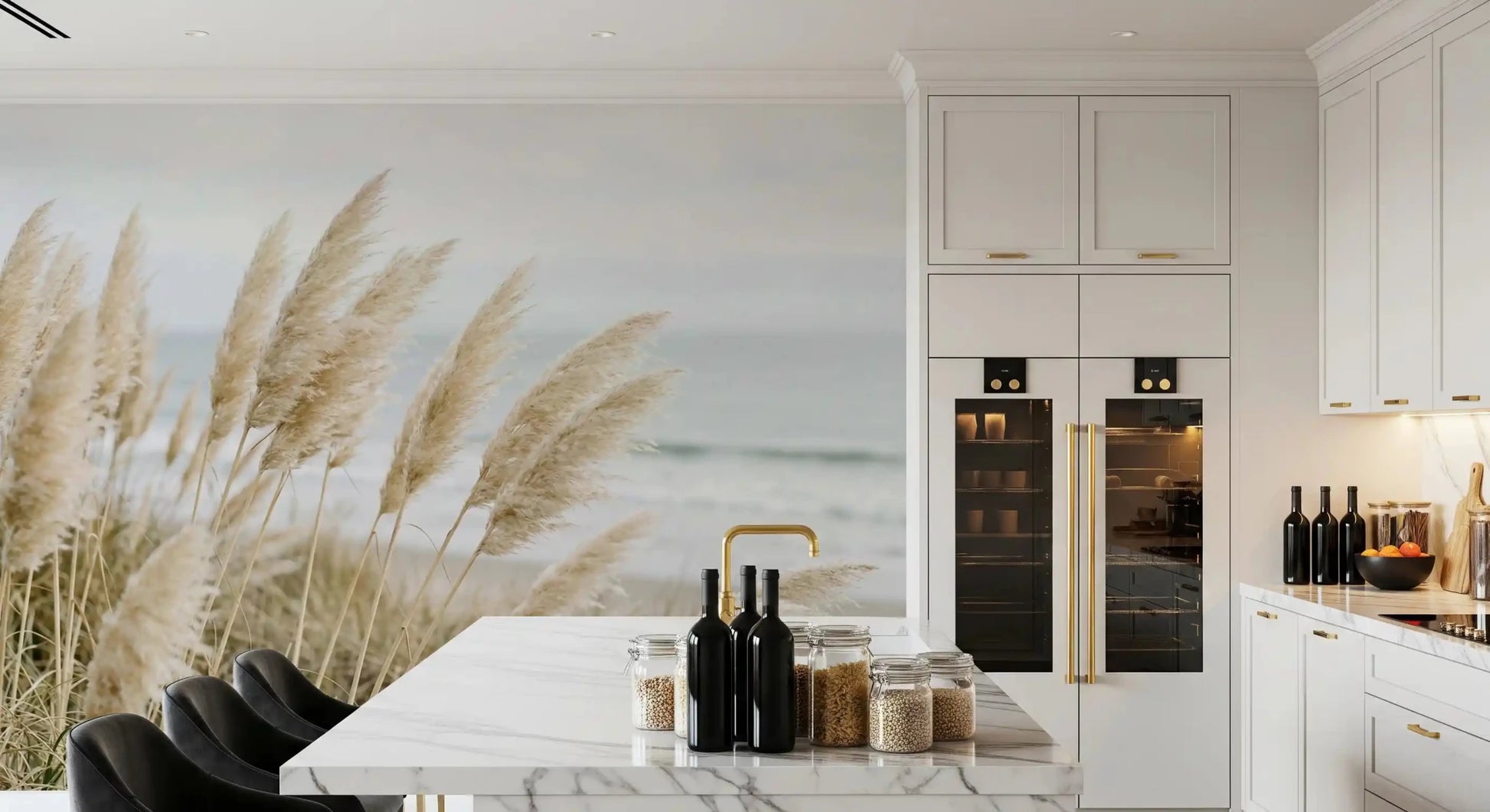 Airy dune grass Pampas wall mural across a muted guest Dining space backdrop
