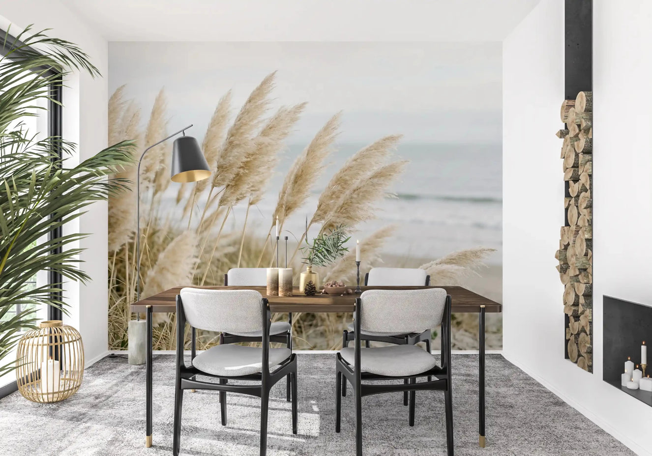 Beige pampas wall mural behind a sofa in a calm Dining room