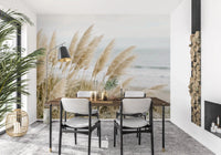 Beige pampas wall mural behind a sofa in a calm Dining room