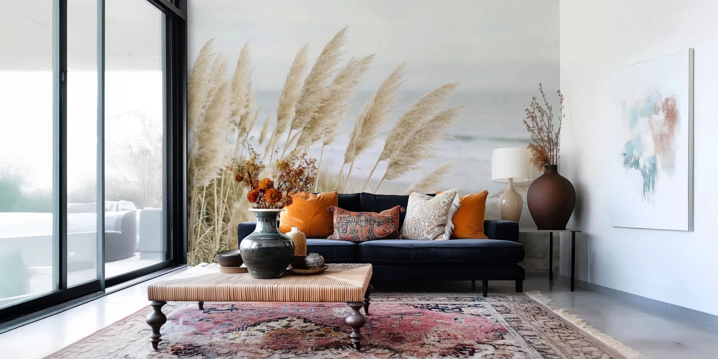 Sandy pampas wall mural creates a gentle focal point in an Hallway 