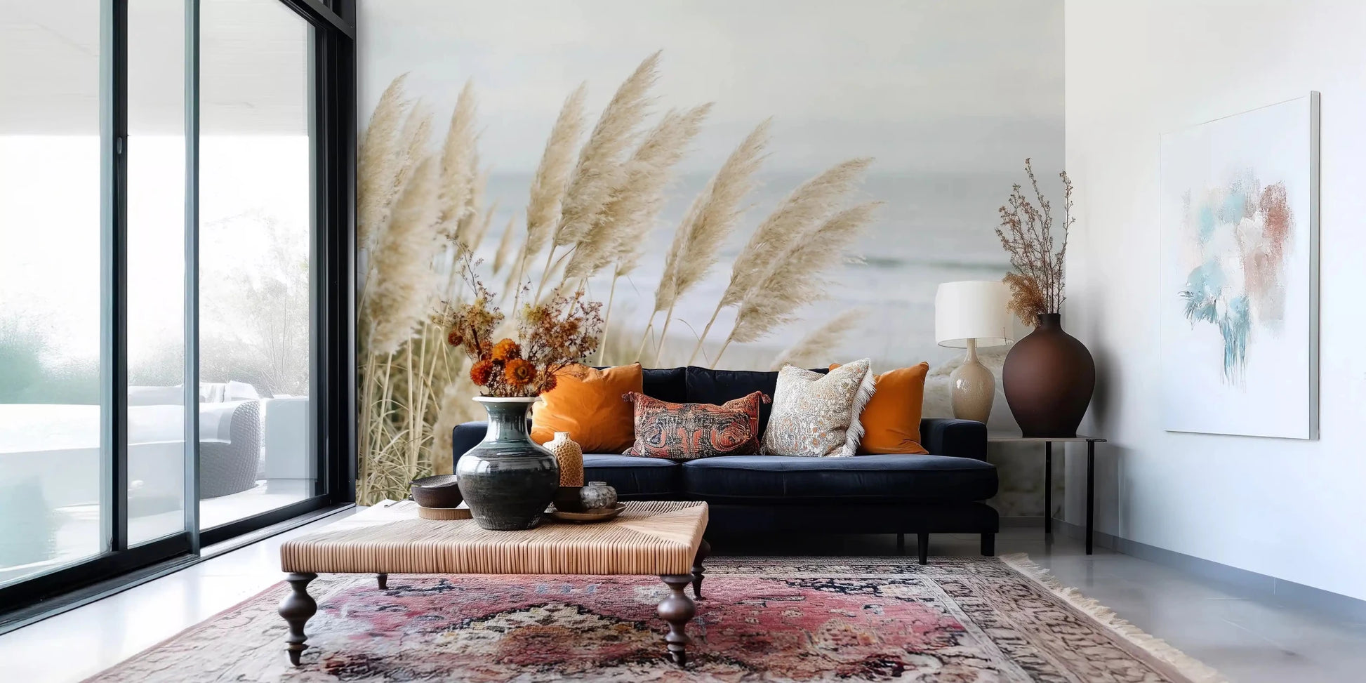 Sandy pampas wall mural creates a gentle focal point in an Hallway 