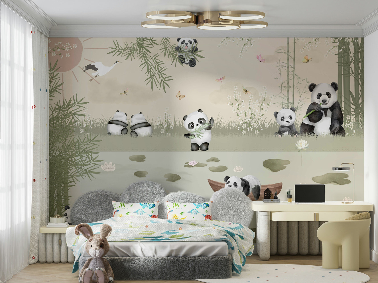 The design features a pattern of friendly, playful pandas.

