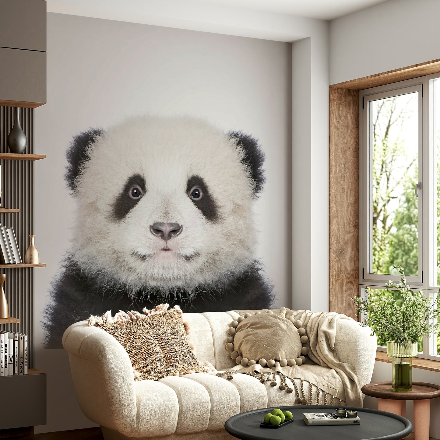 Panda wall mural with lush greenery background


